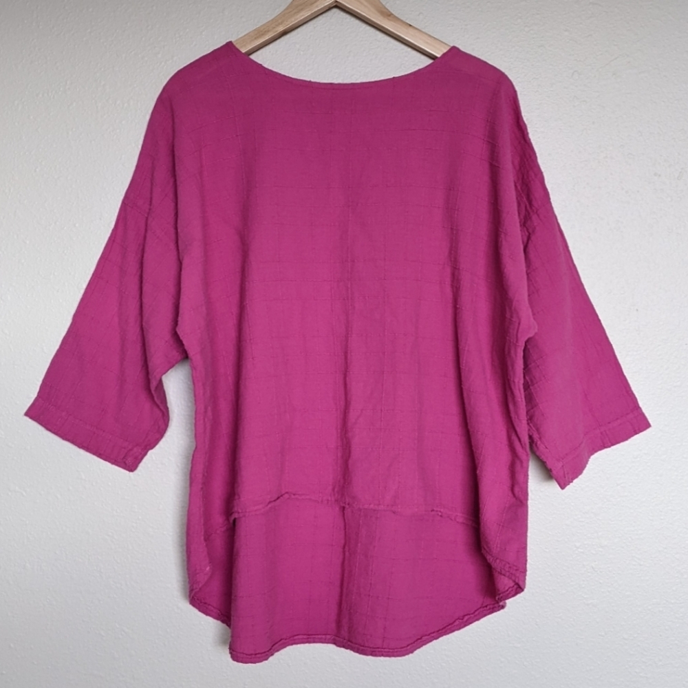 Fuschia EzzEWear Top Blouse 3/4 Sleeve Sz Large Made in Canada cotton barbiecore